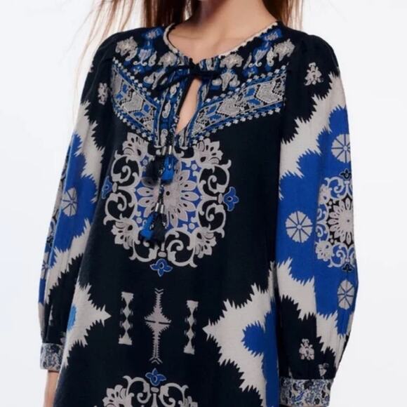 ZARA Vibrant Embroidered Boho Mini Dress, Ethnic Print, Summer, Party Vacation L - Picture 2 of 9